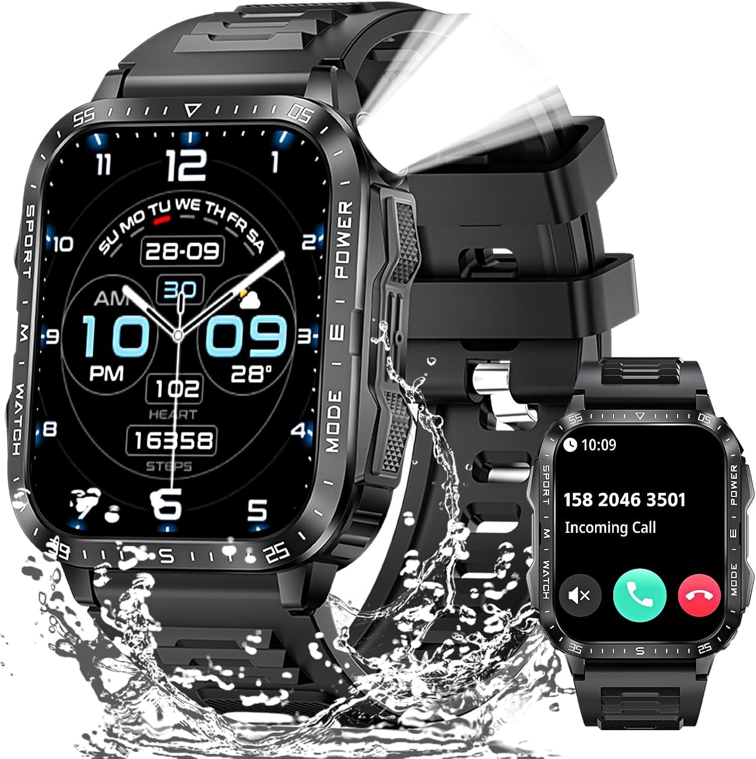 Military Smartwatch 1.96″ Bluetooth Call with LED Flashlight Fitness Tracker