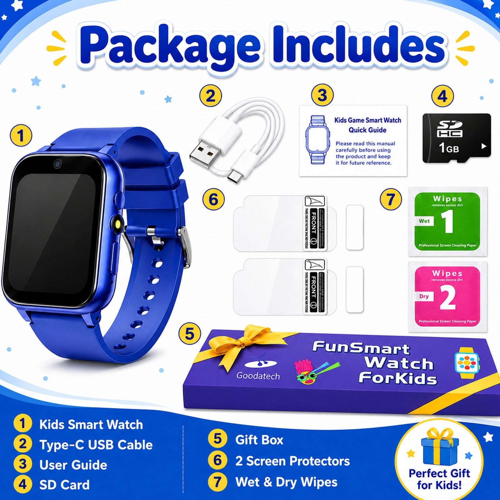 Goodatech 1.69 Kids Smart Watch Blue 4-12 Years Boys Girls