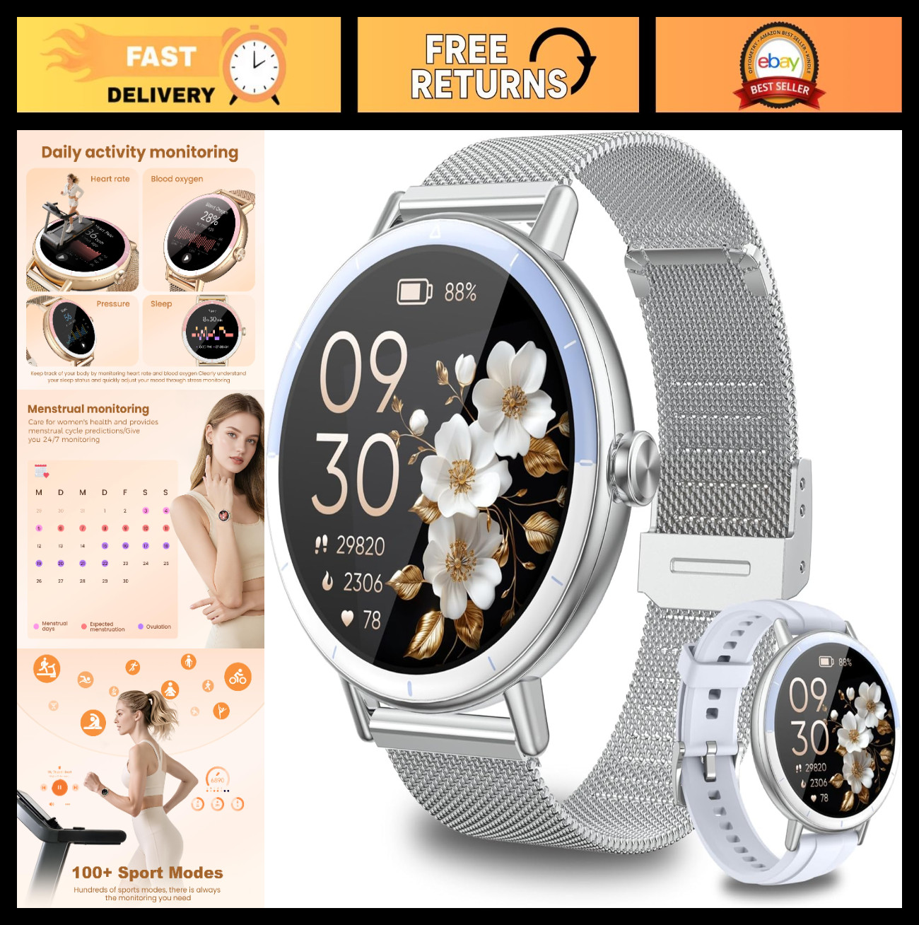 Smart Watch for Women, IP68 Waterproof Fitness Tracker, Bluetooth Calls, Heart R