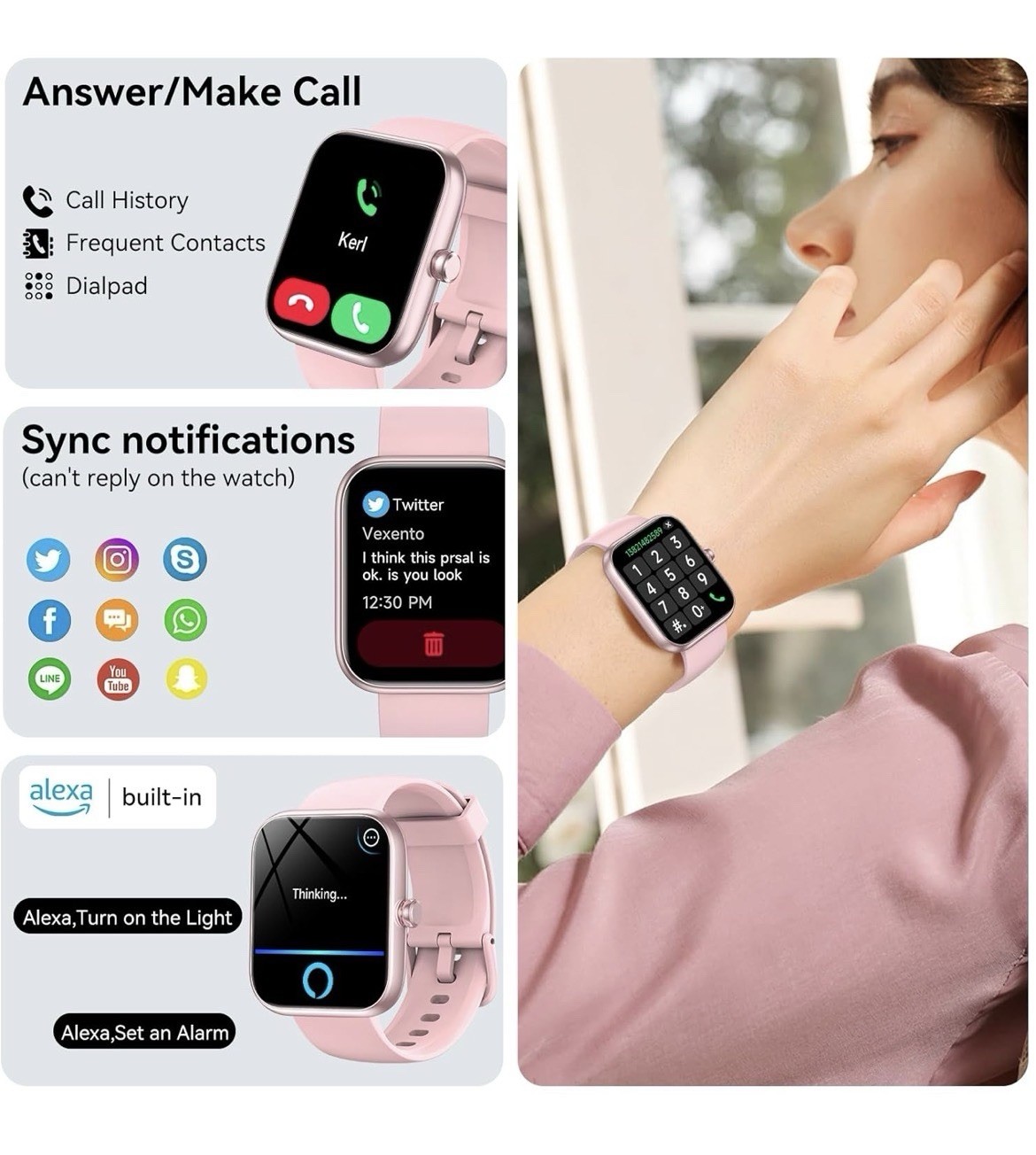 SENBONO Smart Watch Alexa BT Calls 1.83″ HD 120 Sport Modes Health Track -PINK
