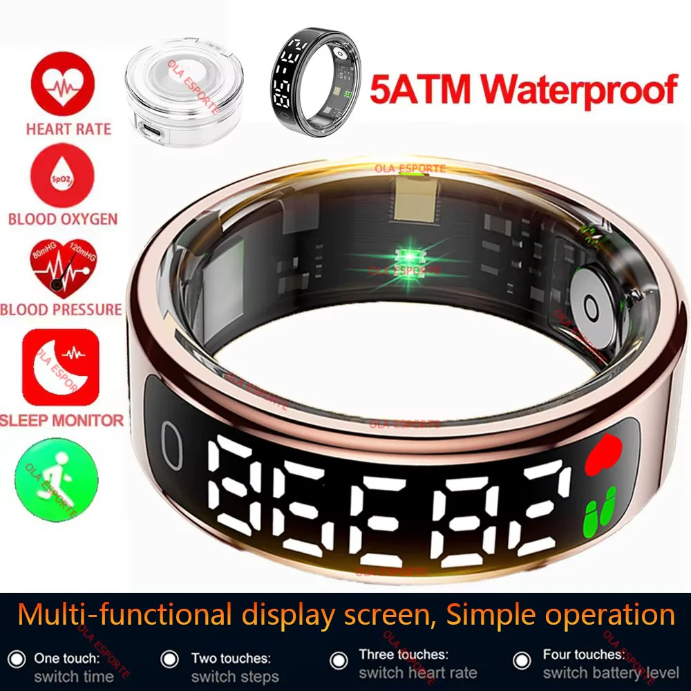 Smart Ring with Display Screen and Touch, Wireless Charging Case, Health Monitor