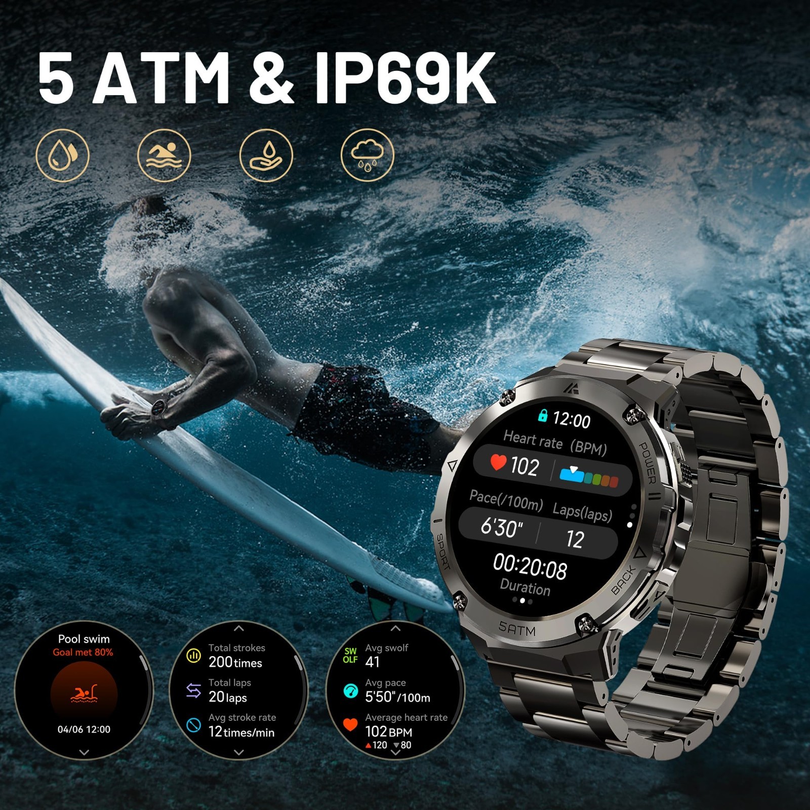 Rugged GPS Smart Watch, 1.43″ AMOLED, 170+ Sports Modes, 15 Days Battery, Waterp