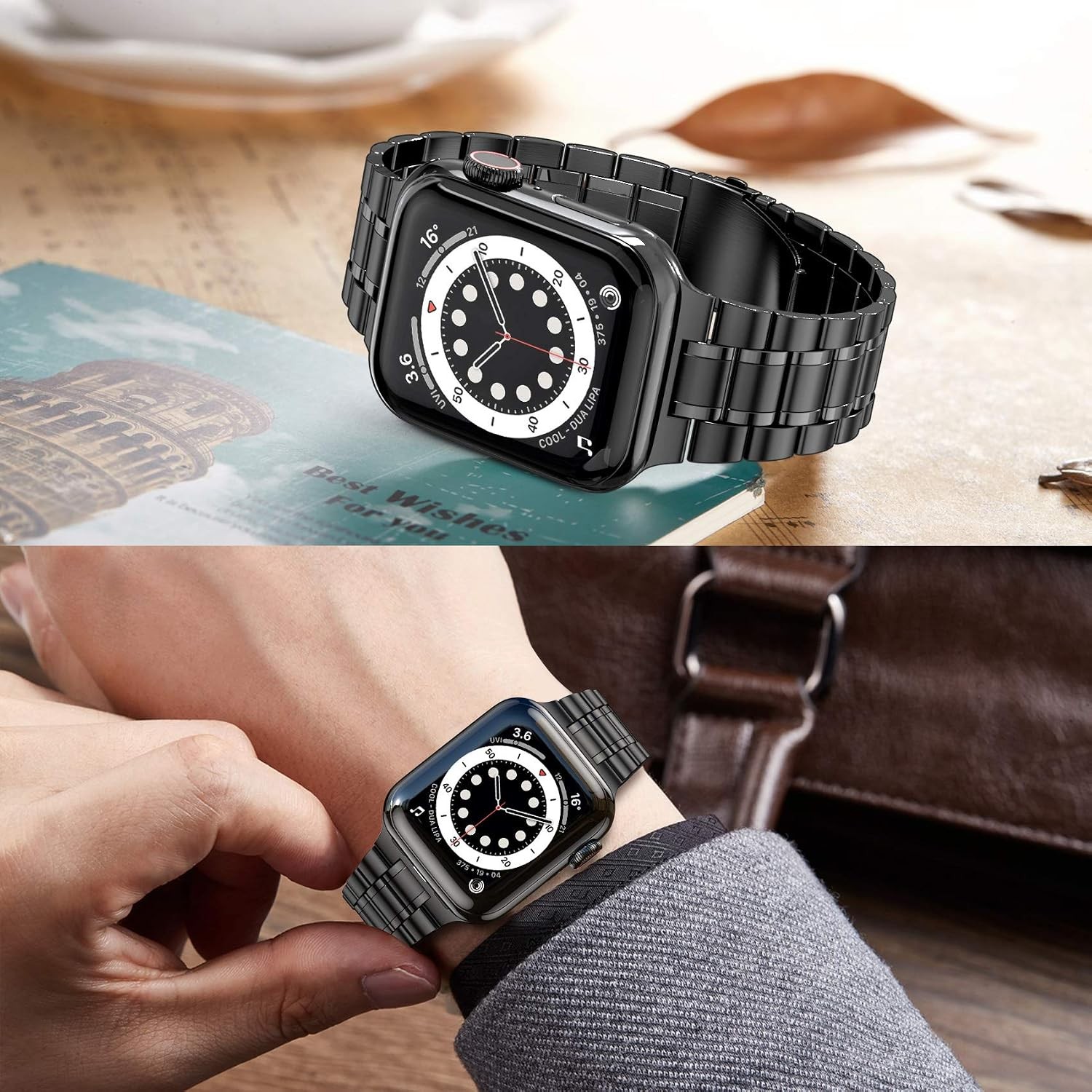 Solid Stainless Steel Strap Compatible with Apple Watch Series 9 45mm, Black
