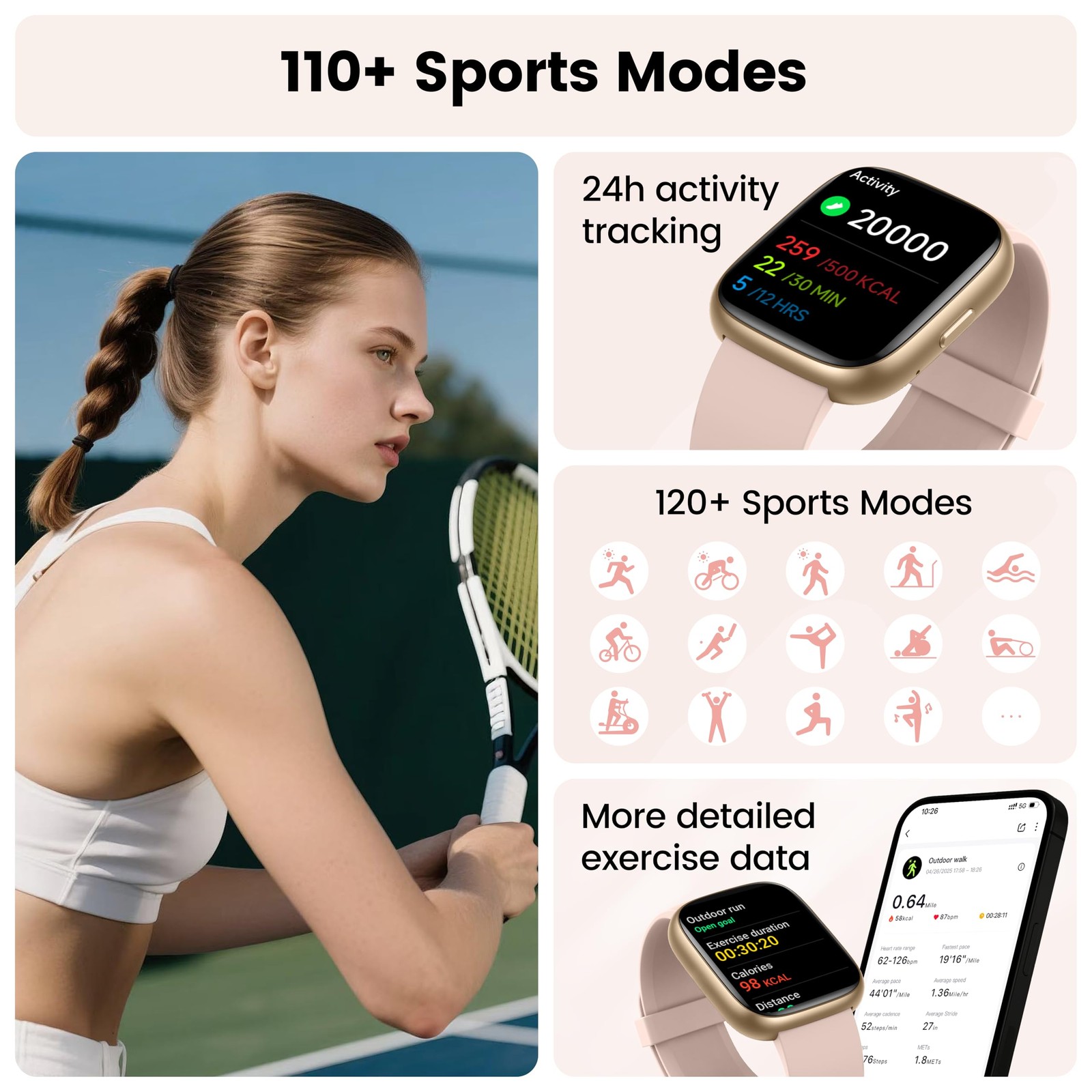 Smart Watch with Alexa Built-in, 1.83″ HD Touchscreen Fitness 15, Dusty Pink