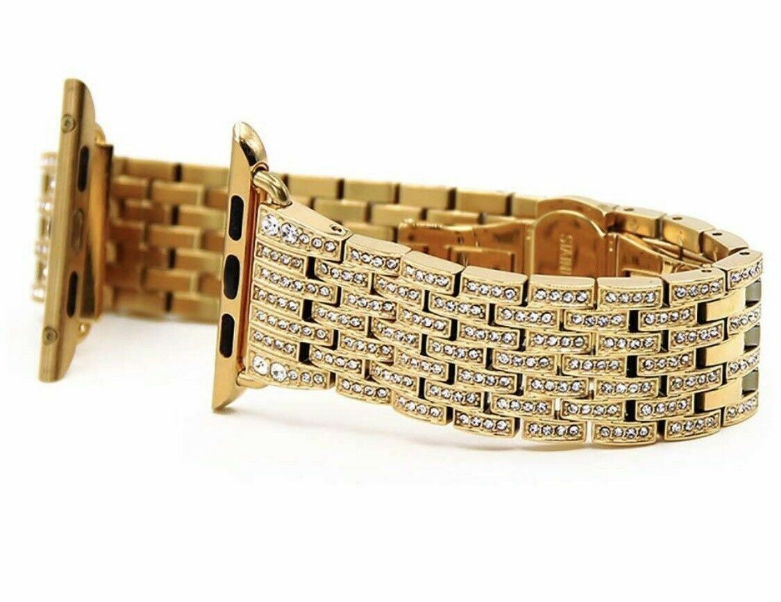 24K Gold 42MM Apple Watch 24K Gold Links Band with Diamond Rhinestone Gen 1