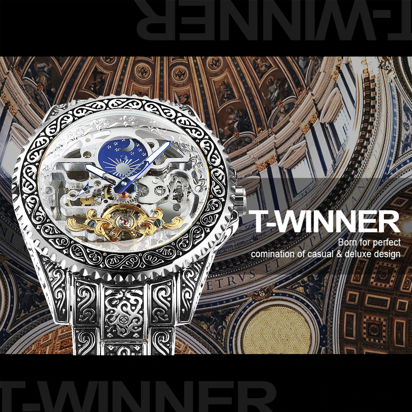 New Luxury Moon Phase Tourbillon Skeleton Engraved Mechanical Automatic Watch