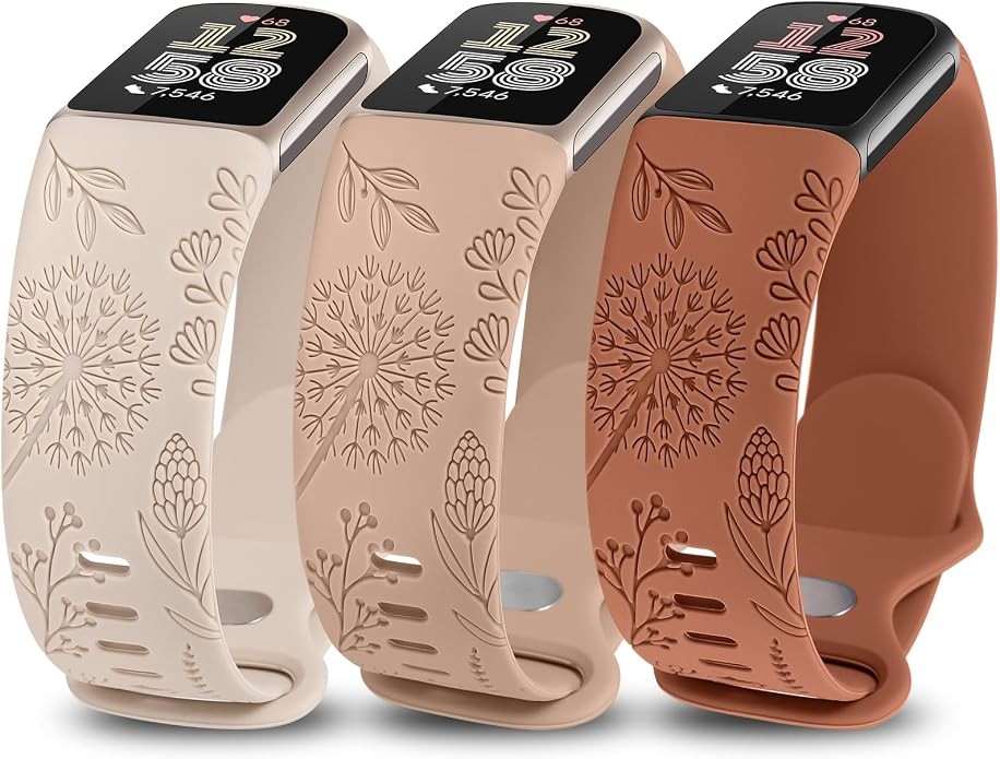 3 Pack Floral Silicone Strap Compatible with Fitbit Charge 6/5 Women Sport Bands