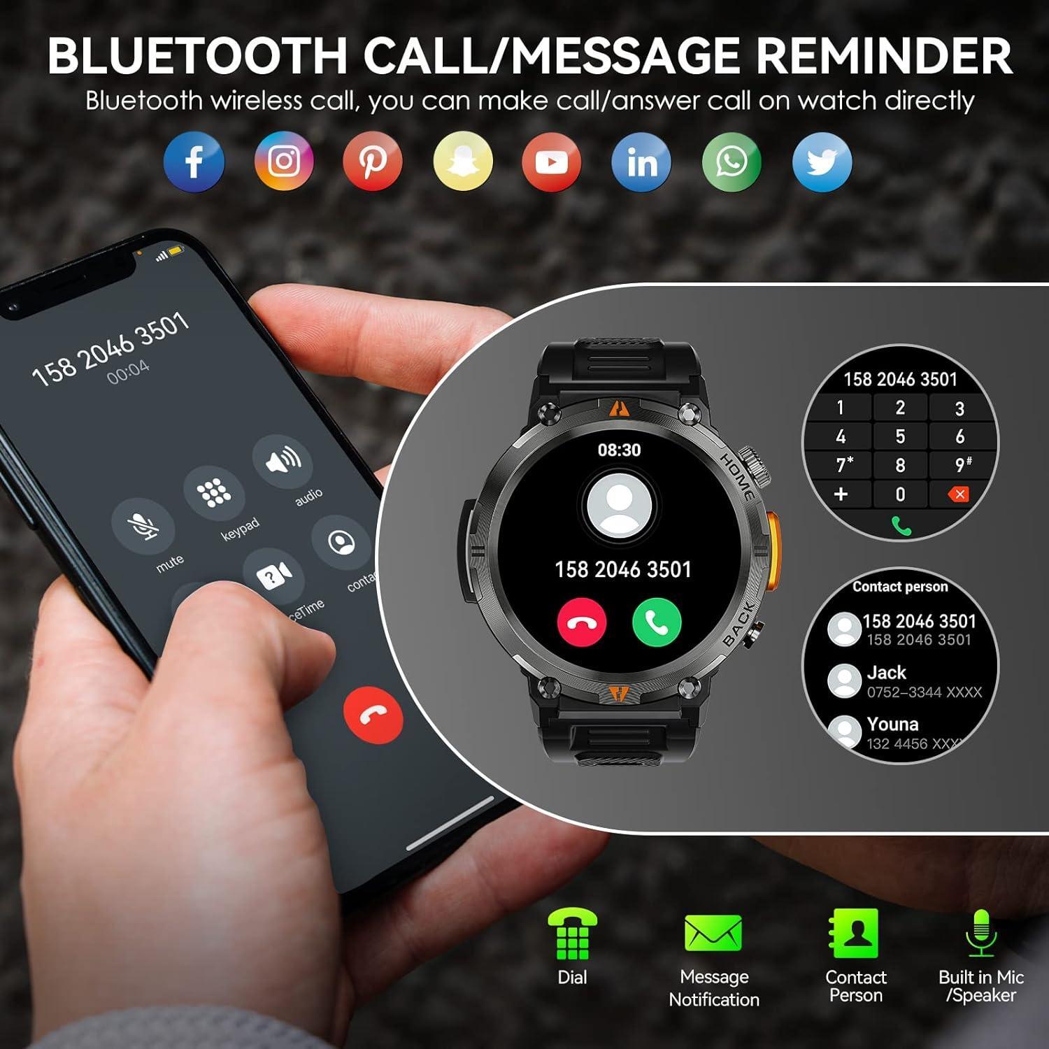Smart Watch For Men Military Watch Touch With LED Flashlight, 1.45″ HD Outdoor