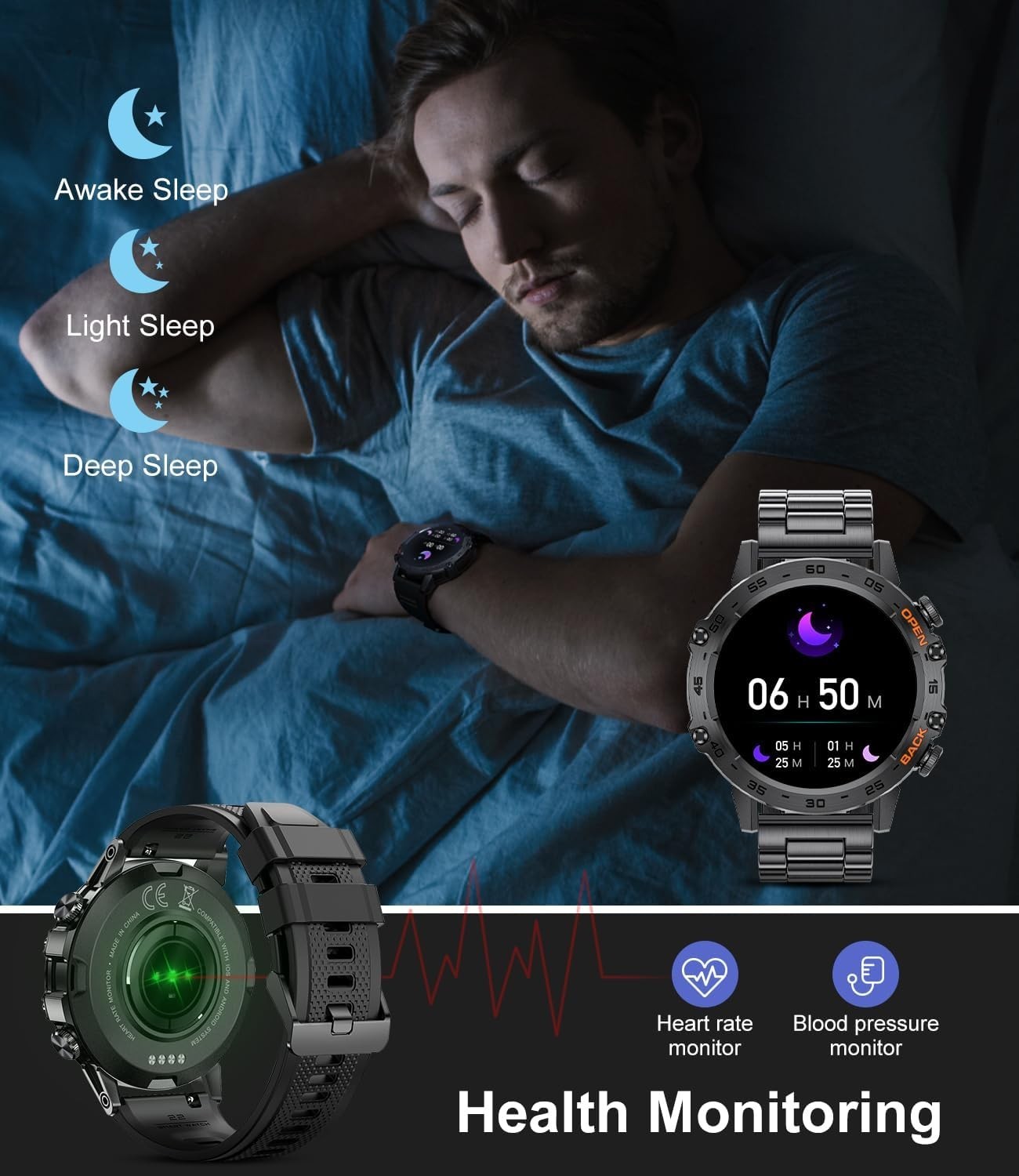 5ATM Waterproof Smart Watch for Men – Sports Tracker & Voice Assistant