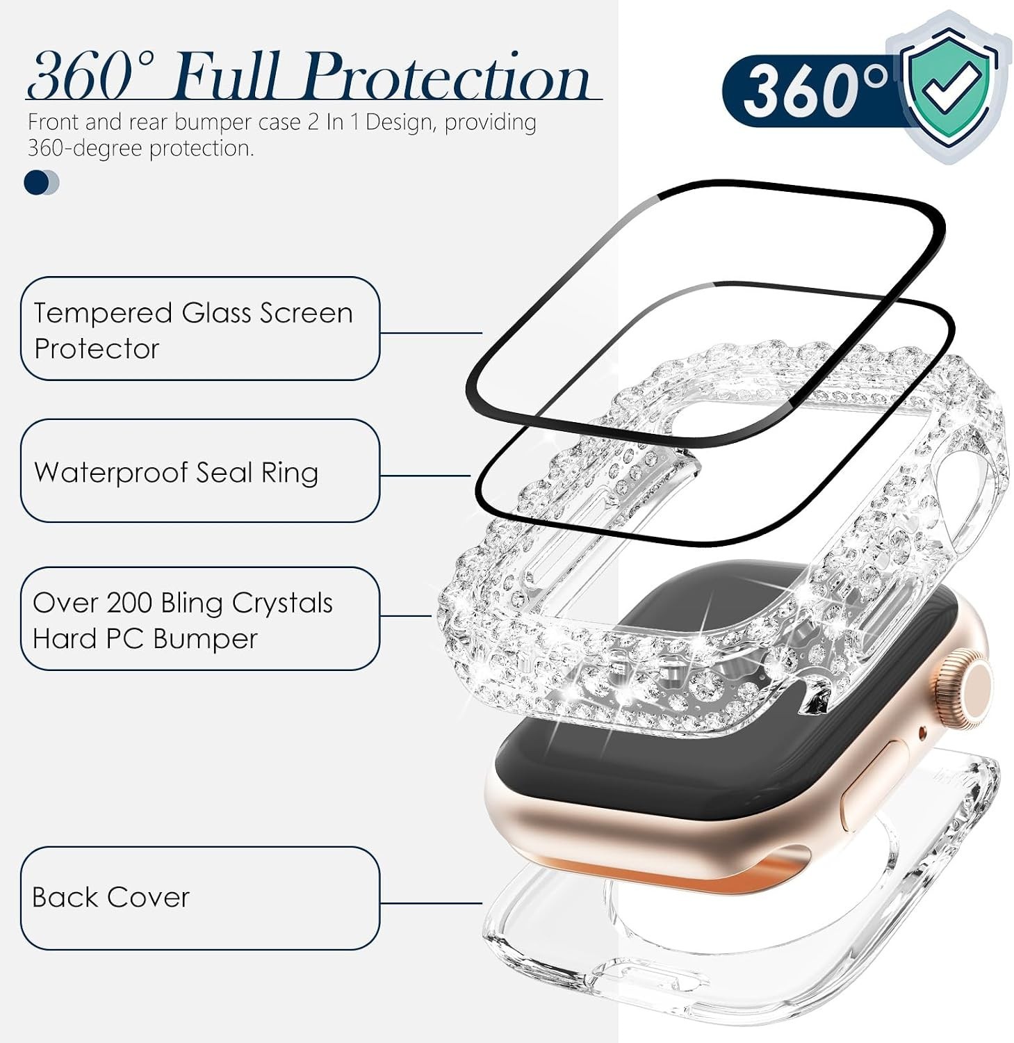 2 in 1 Waterproof Bling Case for Apple Watch Series 10 11 42mm with Screen Prote
