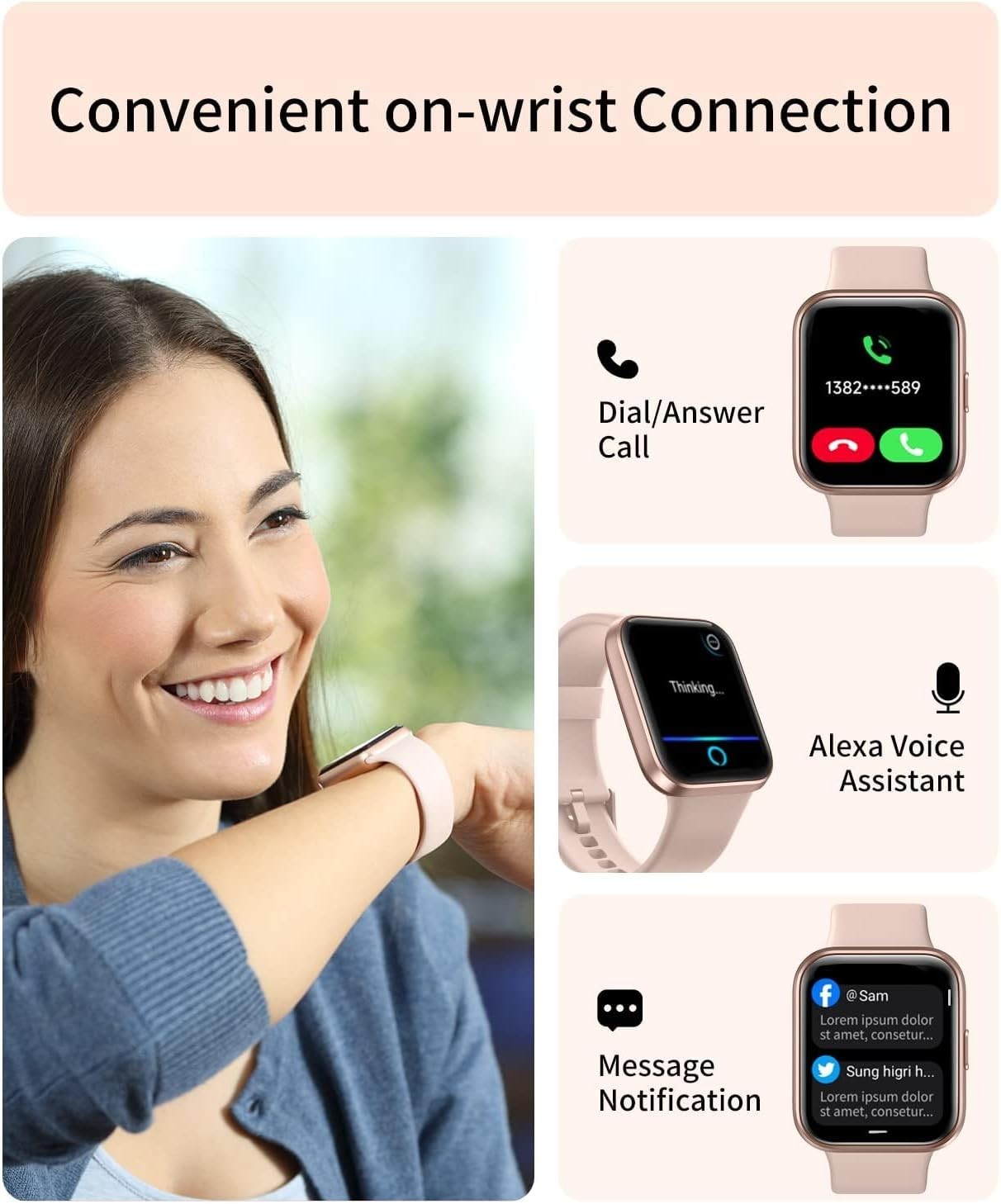 1.69″ RERE Smart Watch – Alexa Built-in, Heart Rate & Blood Oxygen Monitor, Pink