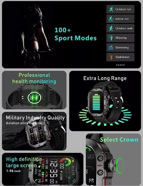2024 New Xiaomi Military Smart Watch 1.96″ IP68 5ATM Fitness Tracker BT Call