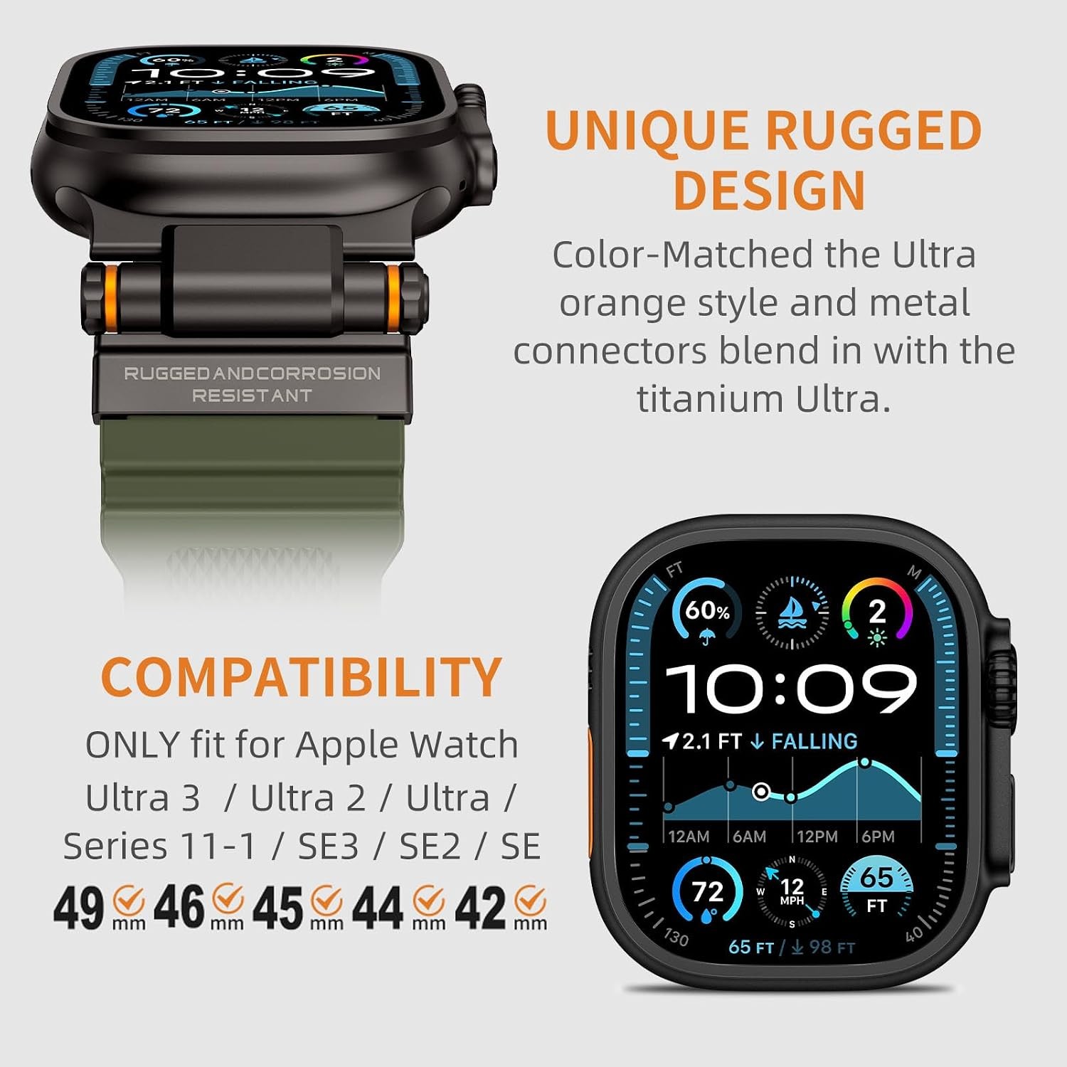 Metal and Silicone Strap Compatible with Apple Watch Ultra 49mm, Army Green/Blac