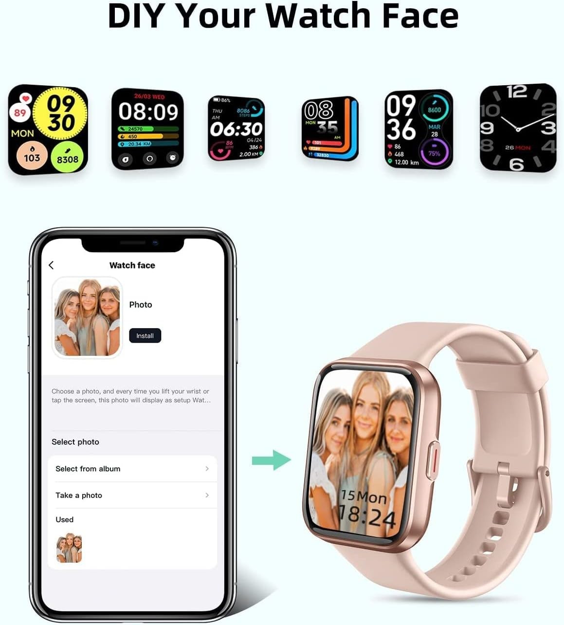 1.69″ RERE Smart Watch – Alexa Built-in, Heart Rate & Blood Oxygen Monitor, Pink