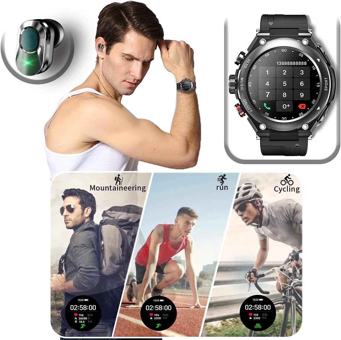 Smart Watch with Earbuds 3 in 1 Round Fitness Tracker 1.28inch for Men Sports
