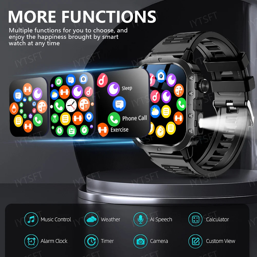 Military Smartwatch for Men, Outdoor Sports Tracker, Bluetooth Calls, 2.01″ Disp