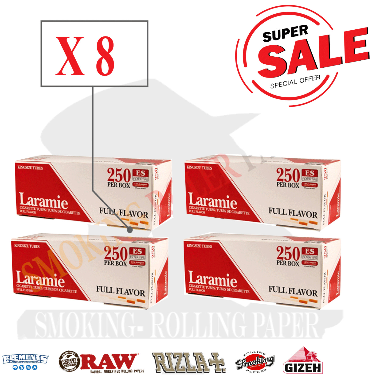 8 BOX Laramie Full Flavor Red Tubes King Size 8mm 8 x 250 Per Box
