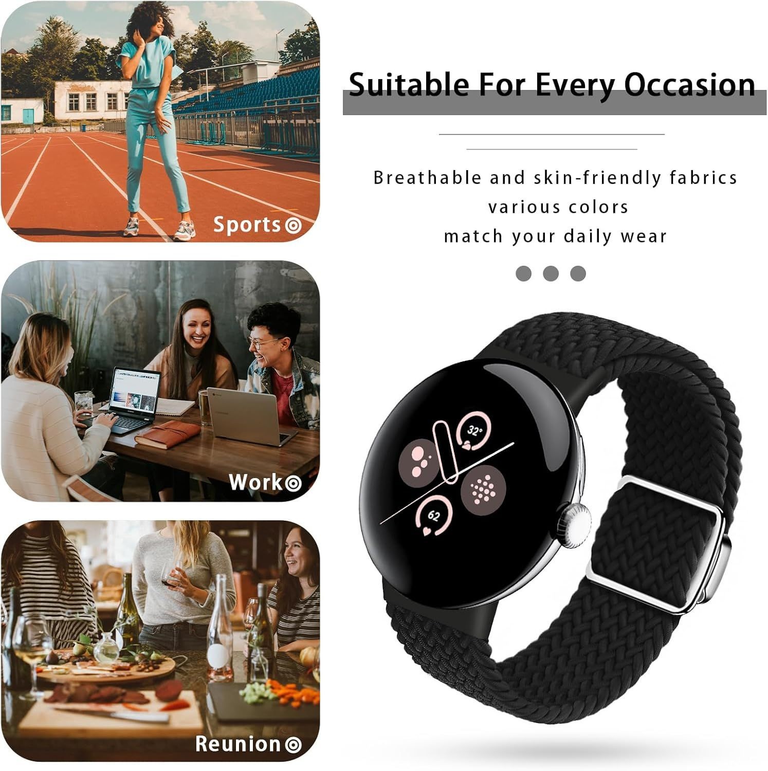 Adjustable Braided Magnetic Band for Google Pixel Watch 41mm 45mm, Black Nylon