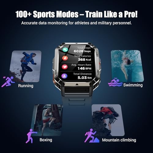 Military Tactical Smart Watches for Men, 100-Day Battery Rugged W70Pro-Black