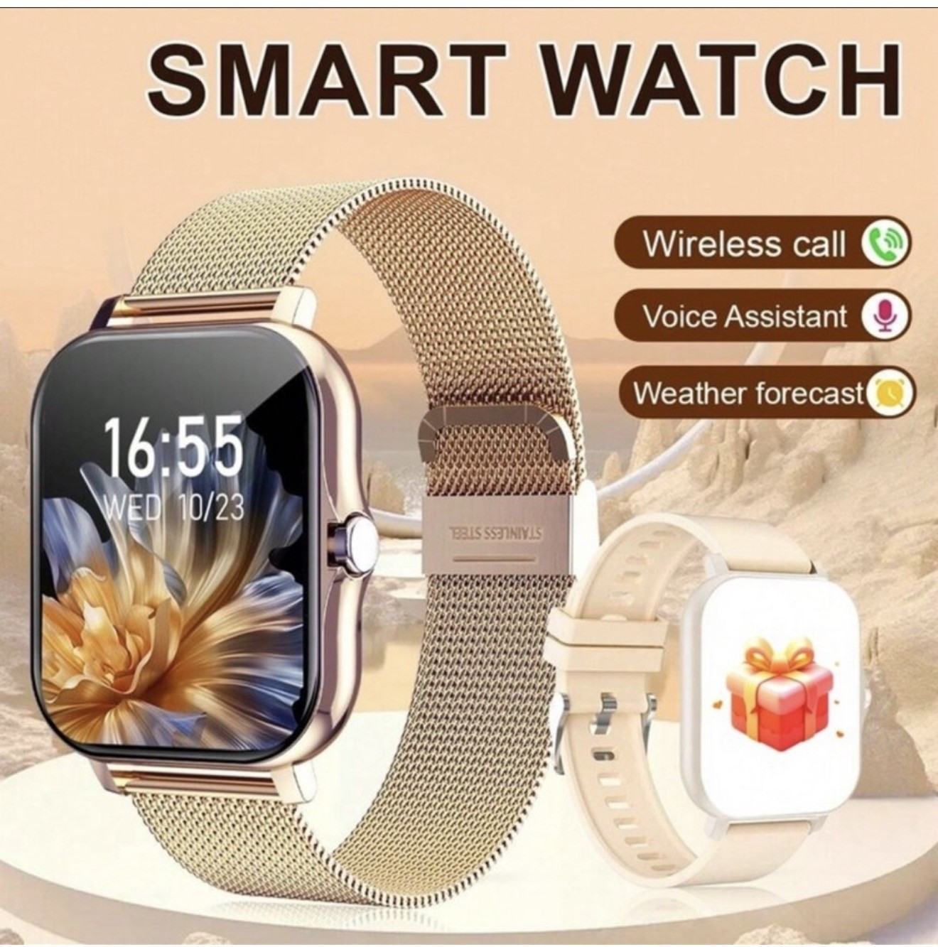 Smartwatch Gold 42mm Wireless Call Voice Assistant Steel Silicone Band Andr…
