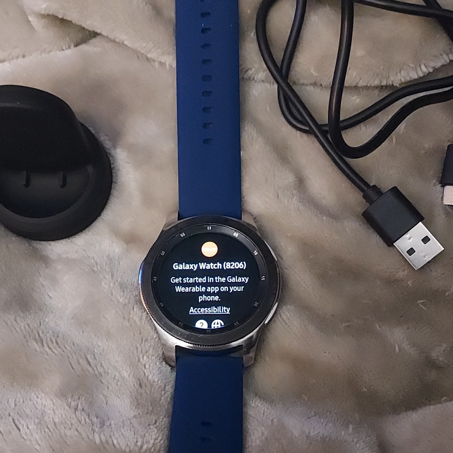 Samsung Galaxy Watch 46mm Silver, Blue Silicone Band, Fitness Tracker