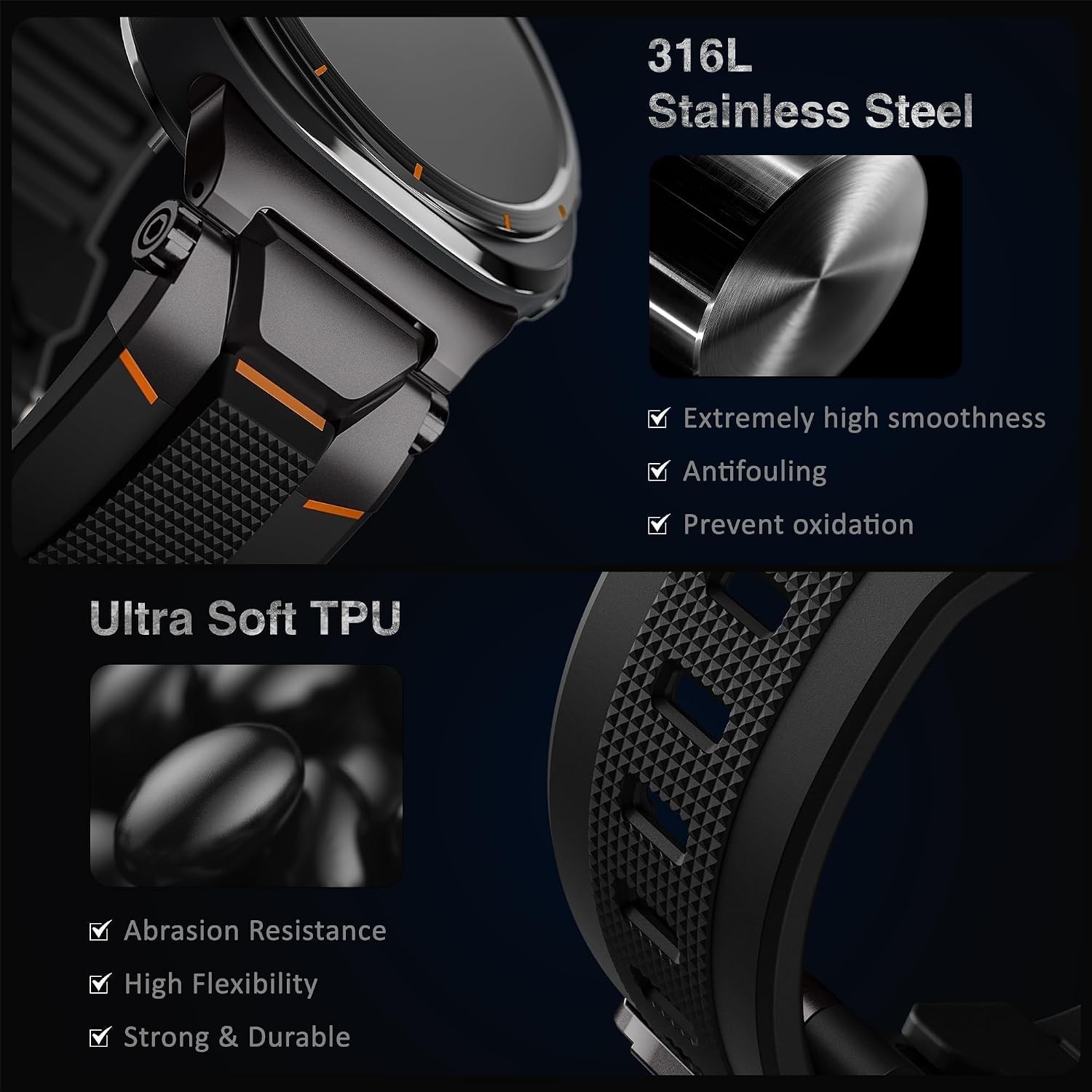 Premium TPU & Metal Black Strap for Samsung Galaxy Watch Ultra 47mm – Rugged Des