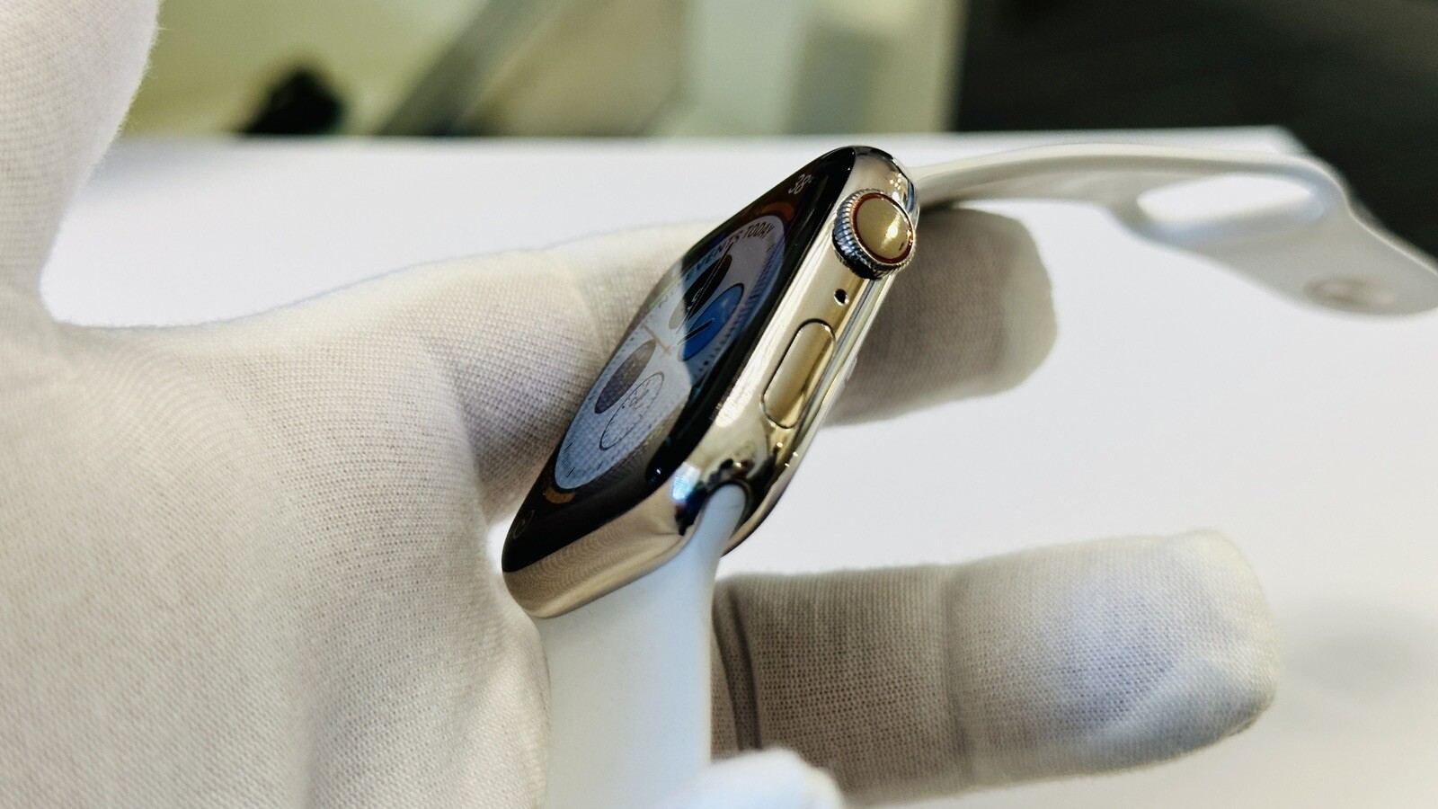 Custom WHITE Gold Plated 45MM Apple Watch SERIES 7 White Sport Band