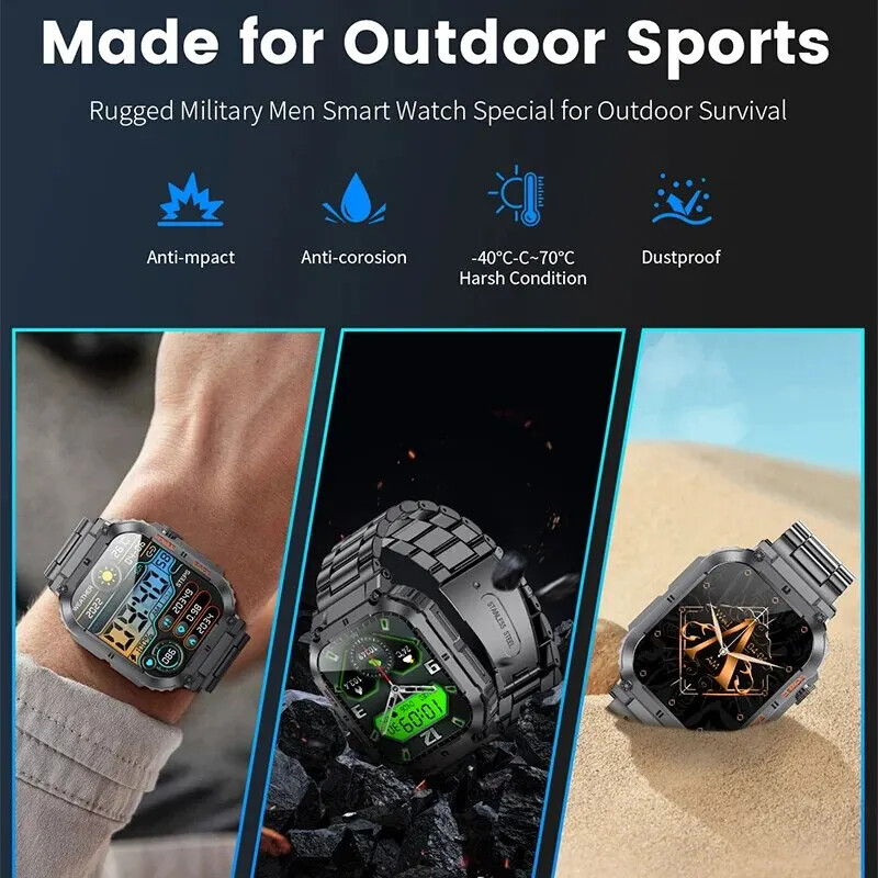 Outdoor Sports Fitness Smartwatch Men 1.96 Inch Screen Bluetooth Call Waterproof