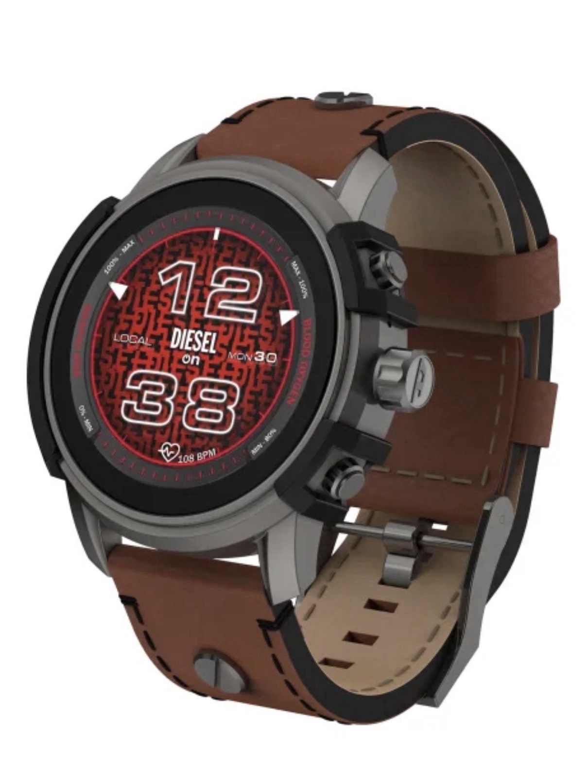 Diesel DT1001 Wear OS Smartwatch 48mm Brown Leather Gray Case HR 8GB