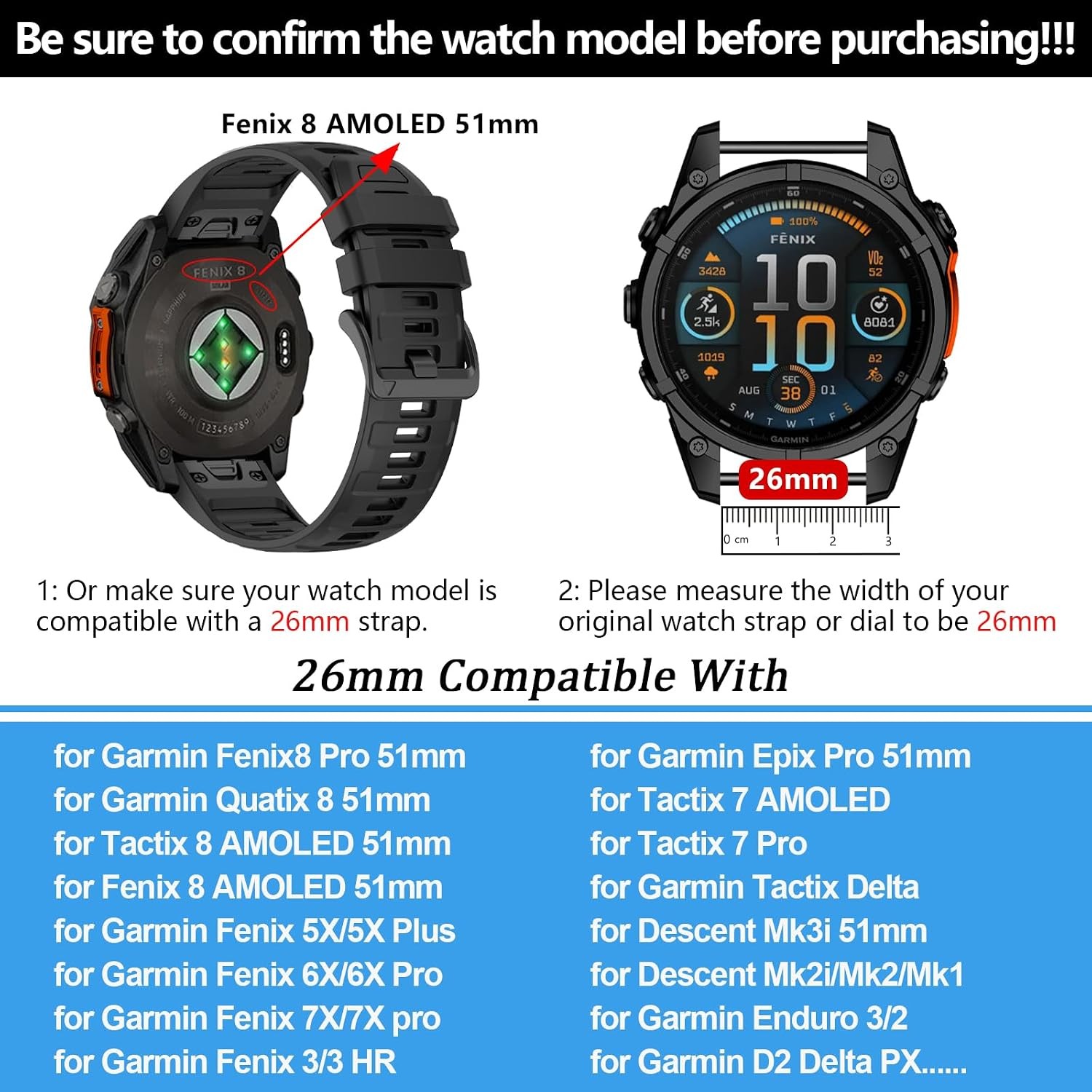 26mm Silicone Strap Compatible with Garmin Fenix 8 Pro 51mm
