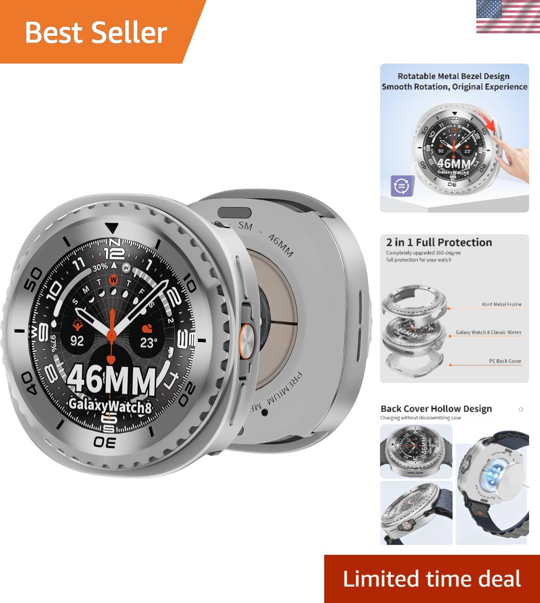 Stylish Protective Case for Galaxy Watch 8 46mm – Rotatable Metal Bezel Design