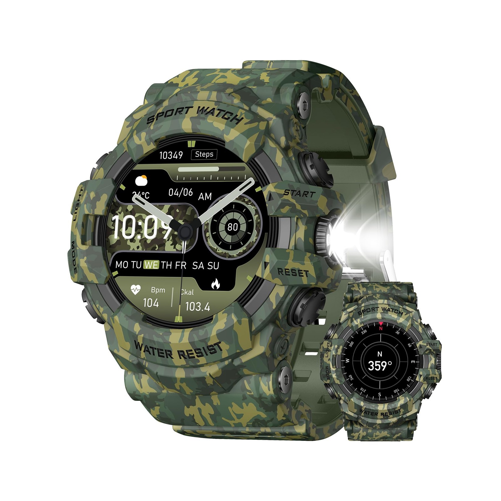 MIDDOW Military Smart Watch Flashlight, Compass, Heart Rate, Calls, IP68, Androi