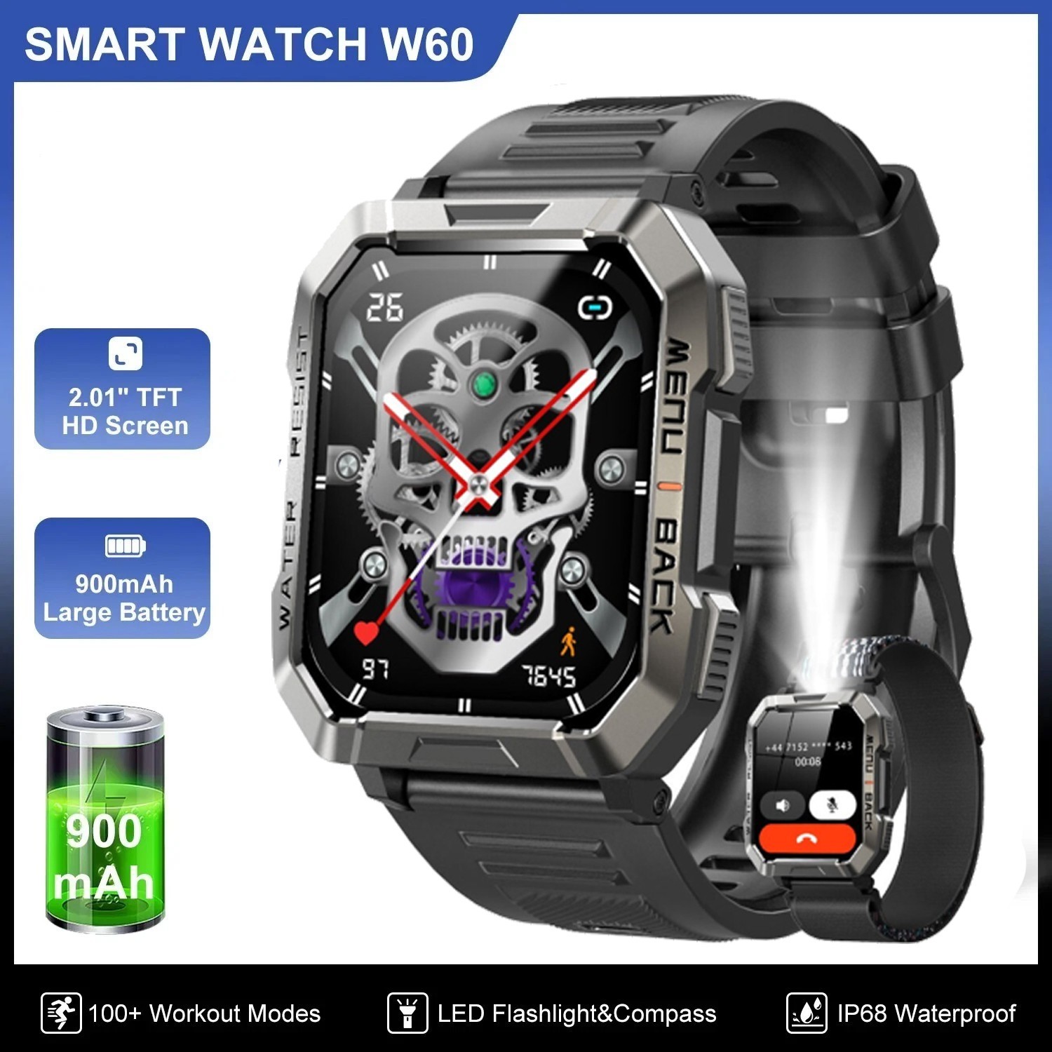 Military Smart Watch Men Bluetooth Call Rugged Fitness Tracker for Android iOS