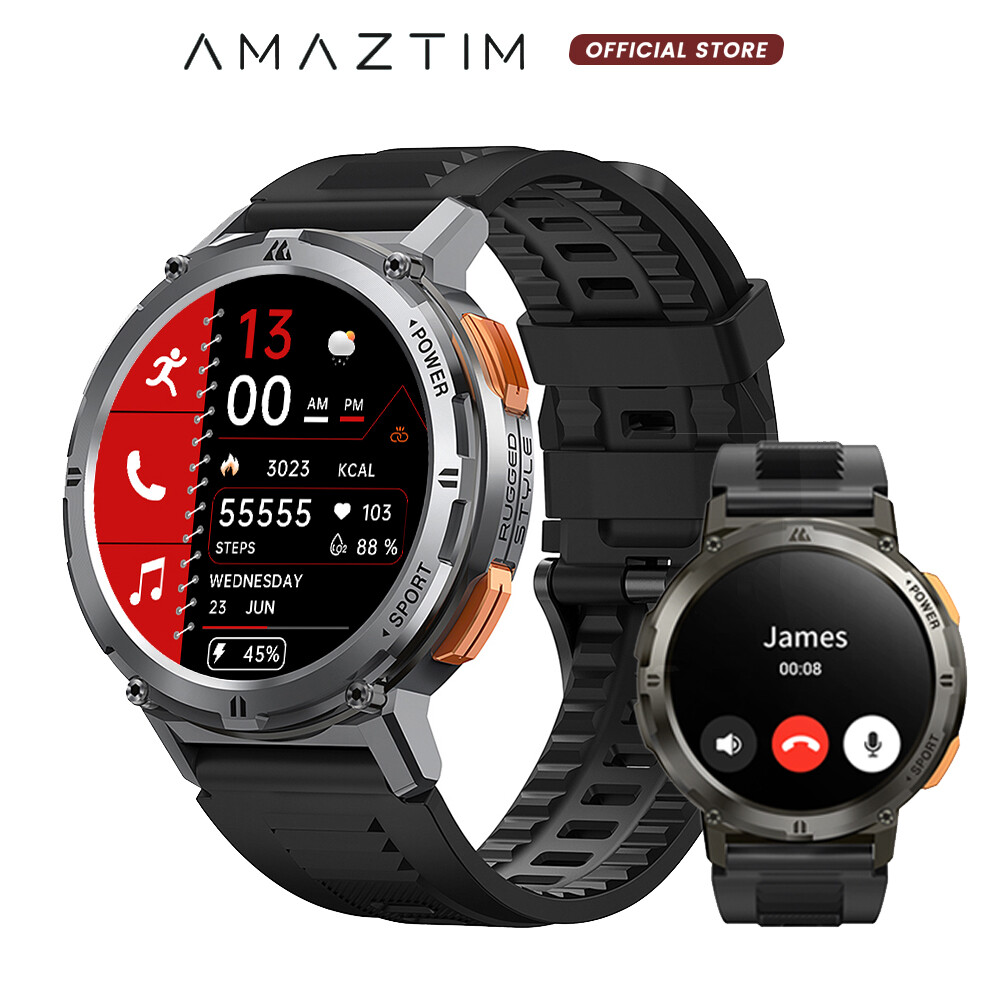 Original AMAZTIM TANK T2 SmartWatch Men 50M Waterproof 410mAh Battery Bluetooth