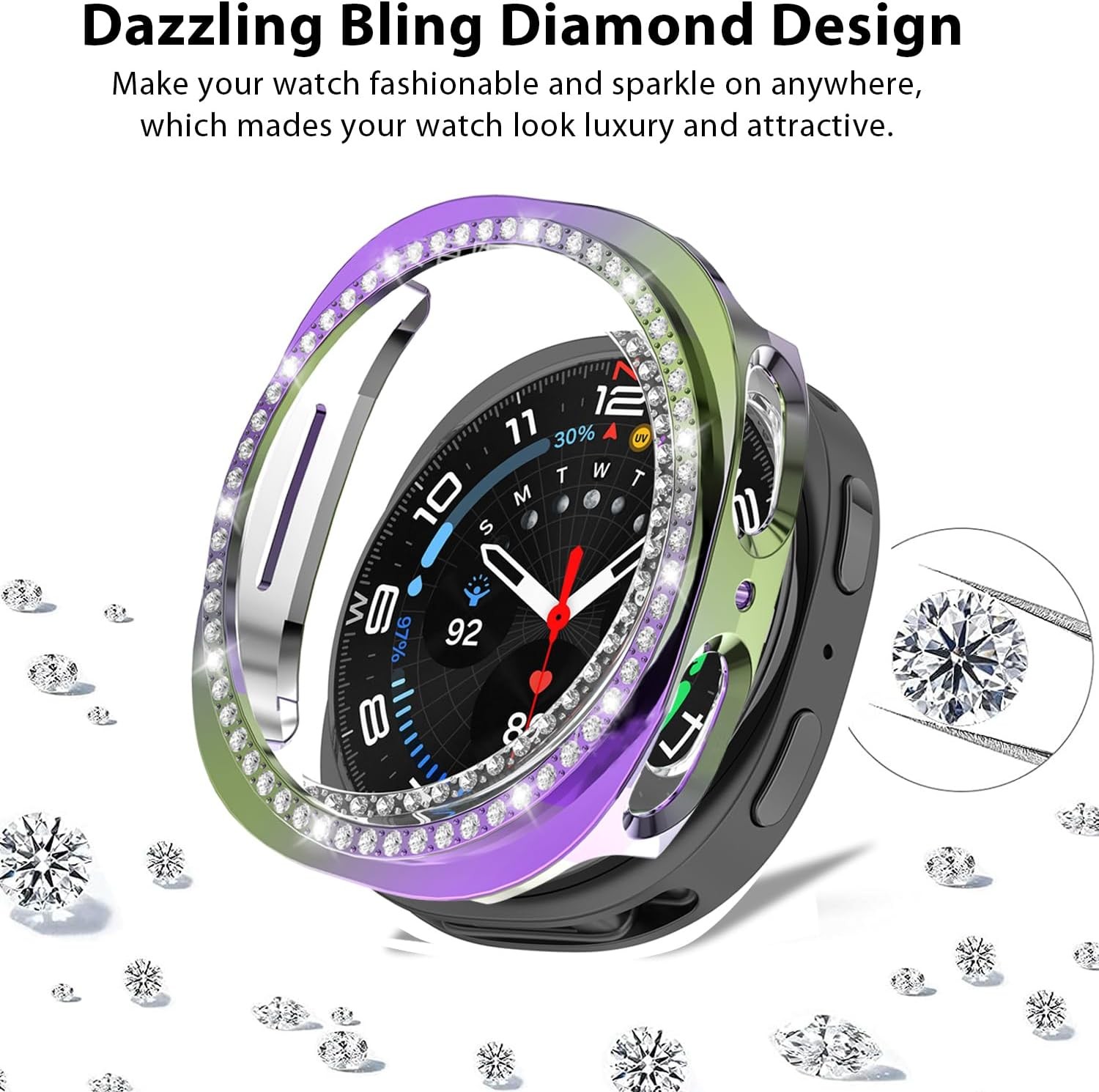 Bling Frame Protective Case for Galaxy Watch 8 40mm, 2 Packs, Rose Gold/Colorful