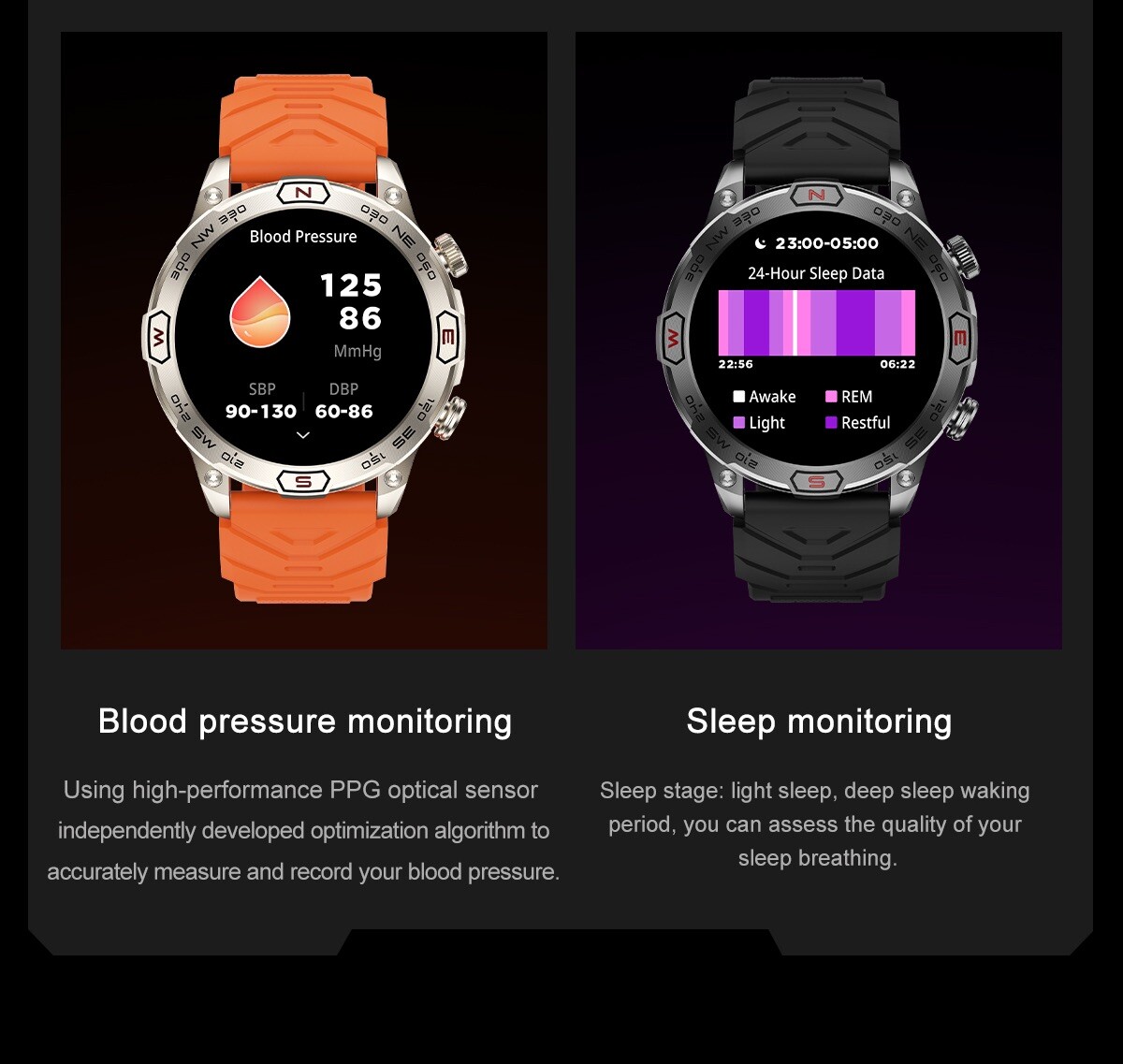 Tactical Smartwatch with Compass 100+Sports Modes Fitness Tracker Heart Rate