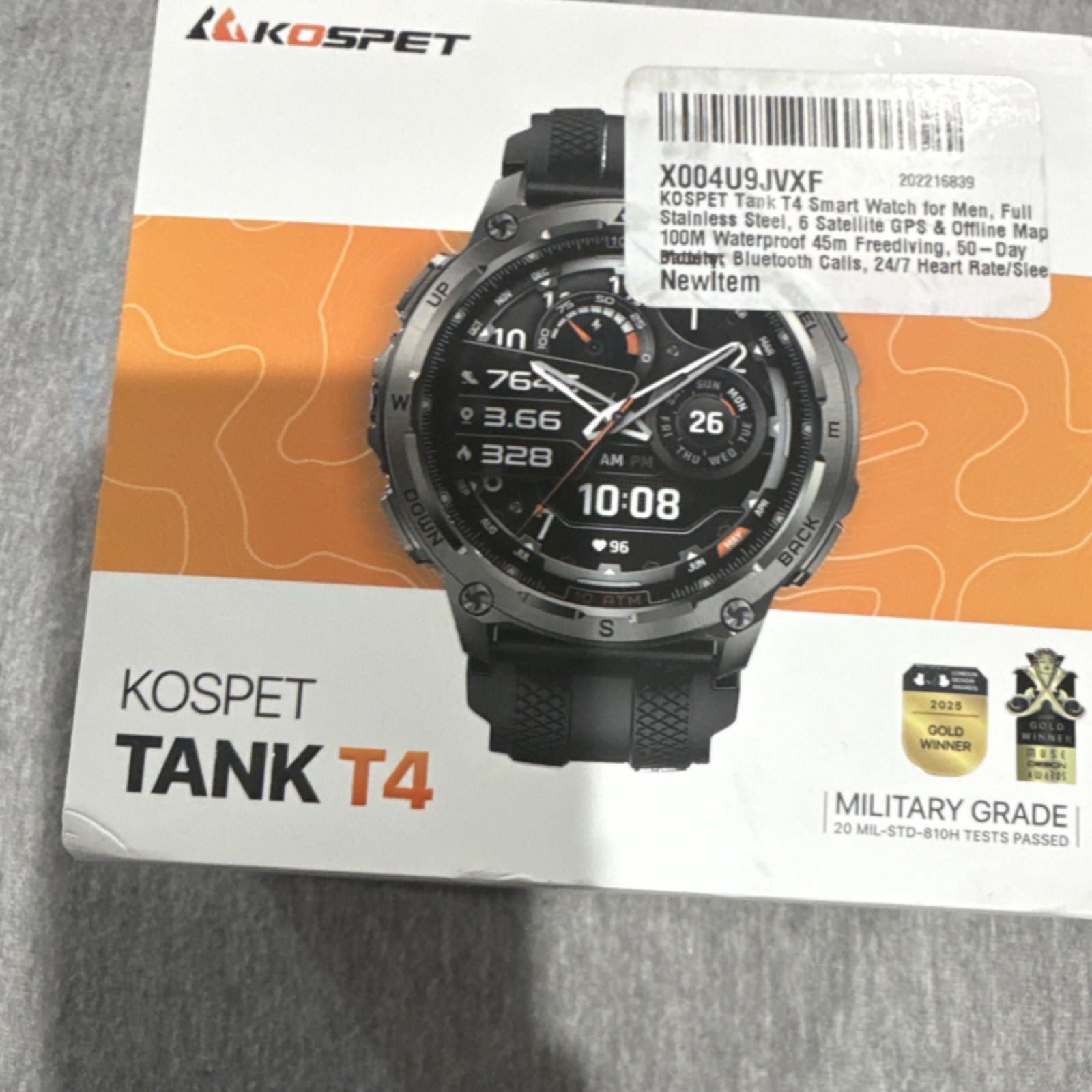 KOSPET Tank T4 45mm Gray Steel Case Black Silicone Band GPS BT Calls Water-Res
