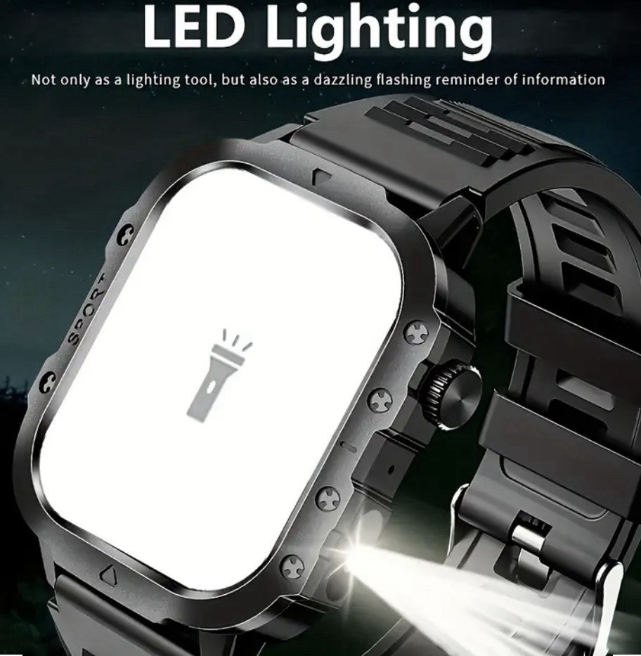 Touchscreen Bluetooth Call Smart Watch + Flashlight, Black Silicone Band