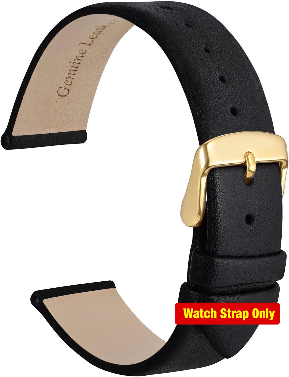 Elegant Watch Band Compatible Genuine Leather Strap 18mm with Black Gold Buckle
