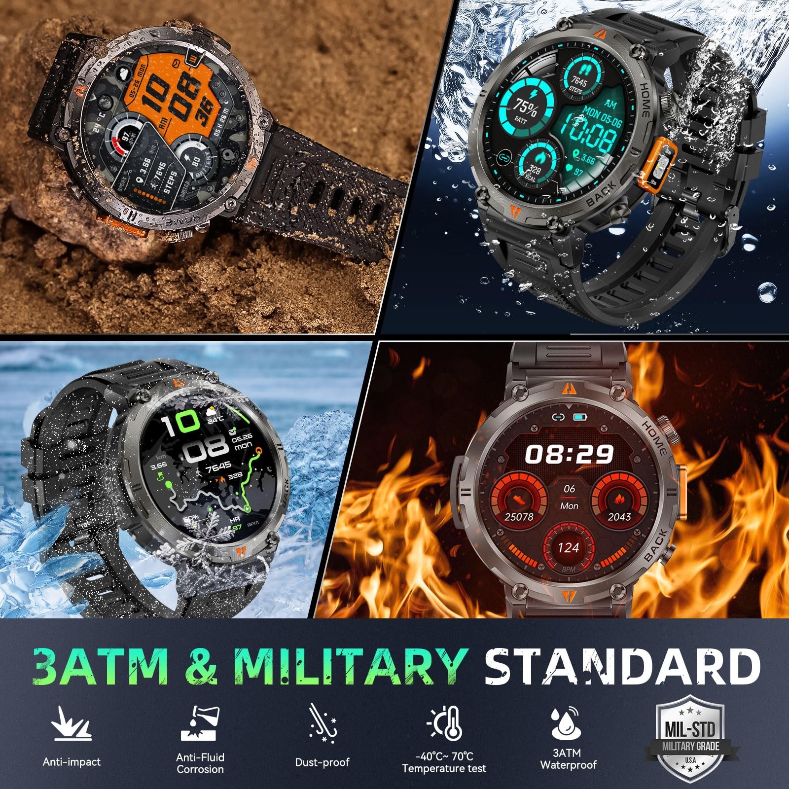 LaNikar Military Smart Watches Men Built-in GPS 3ATM Waterproof Call/LED