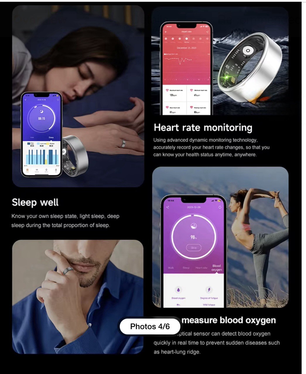 JRing Smart Ring Heart Rate Monitor Blood Pressure Tracker Size 7, Gold