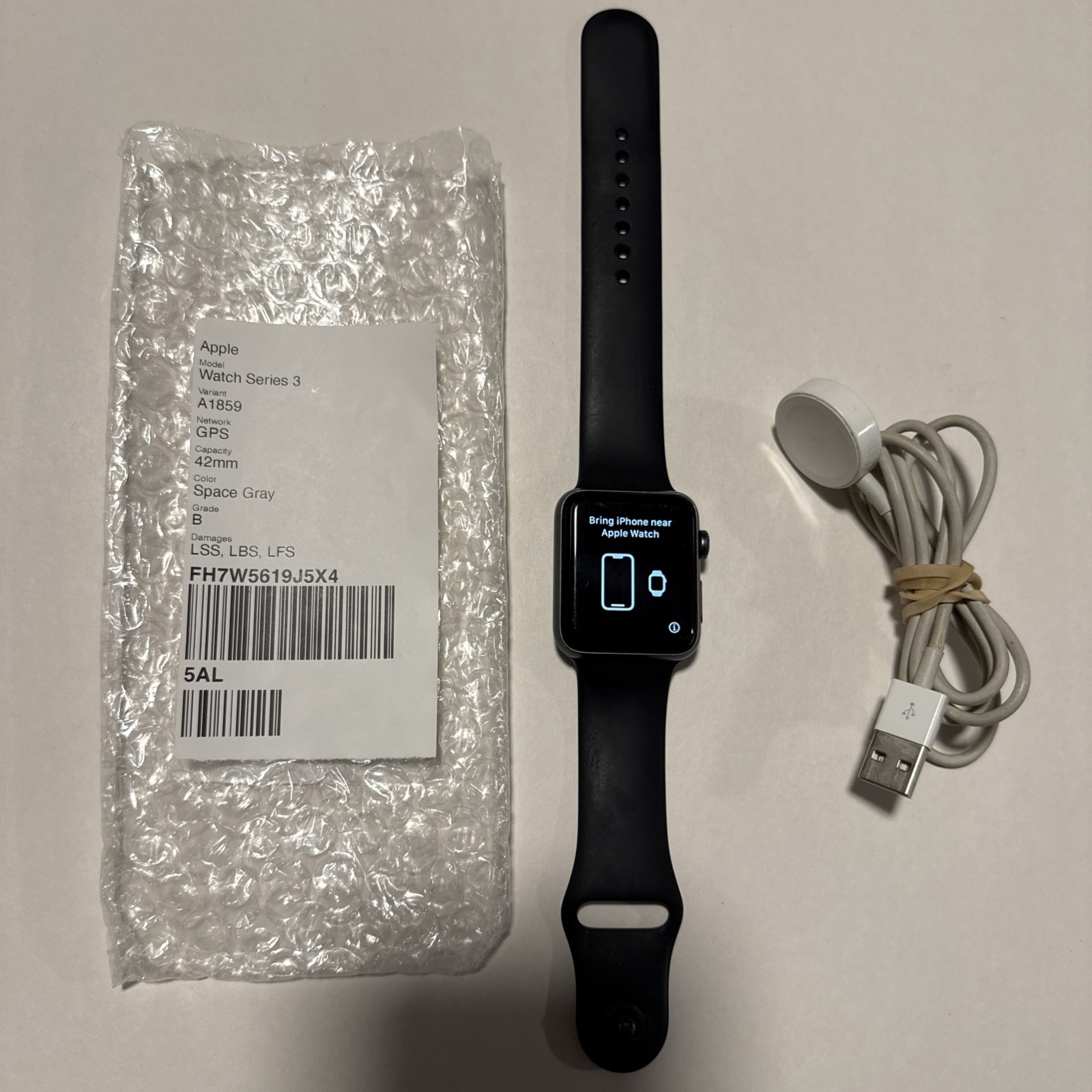 Apple Watch Series 3 42mm Space Gray Aluminum A1859 Gen 3 (GPS) Black Sport Band