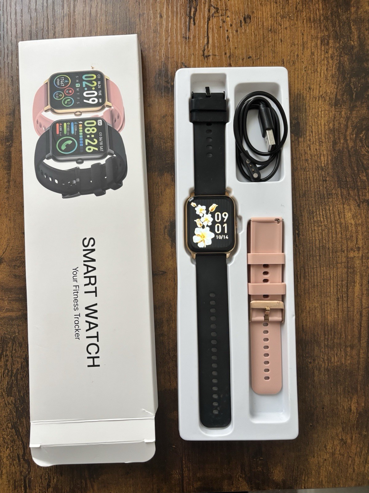Smart Watch Fitness Tracker 1.85” Gold w/ Black & Pink Bands & Box