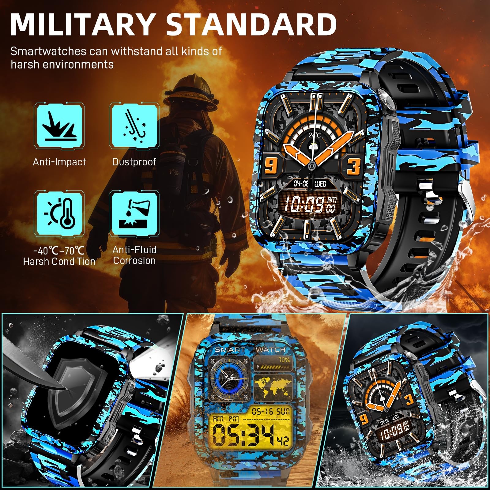 Military Smart Watches for Men Make/Answer Call with LED Flashlight