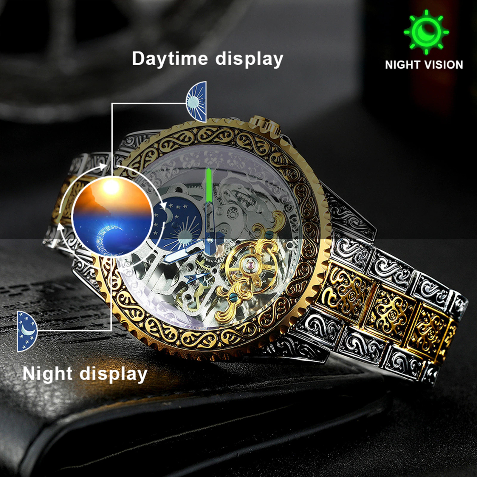 New Luxury Moon Phase Tourbillon Skeleton Engraved Mechanical Automatic Watch