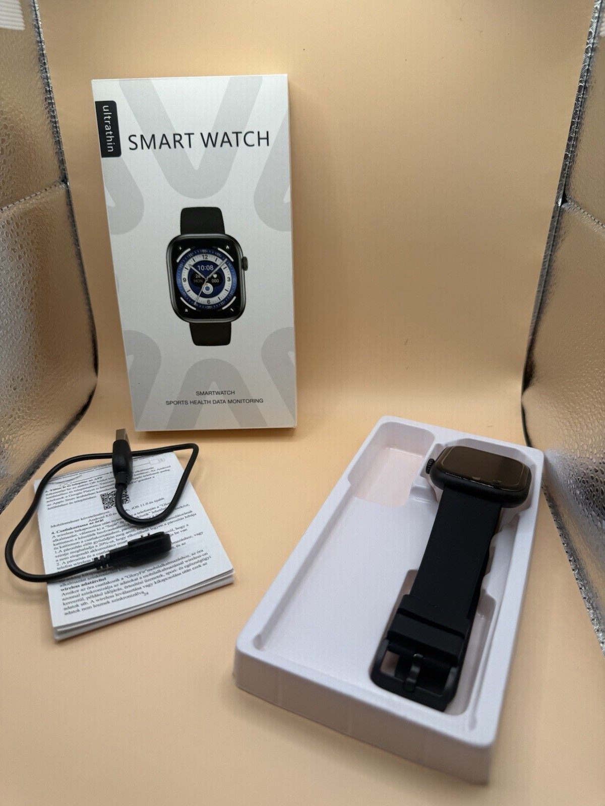 Ultrathin Smart Watch 42mm Black Silicone Band Touchscreen Unlocked Android iOS