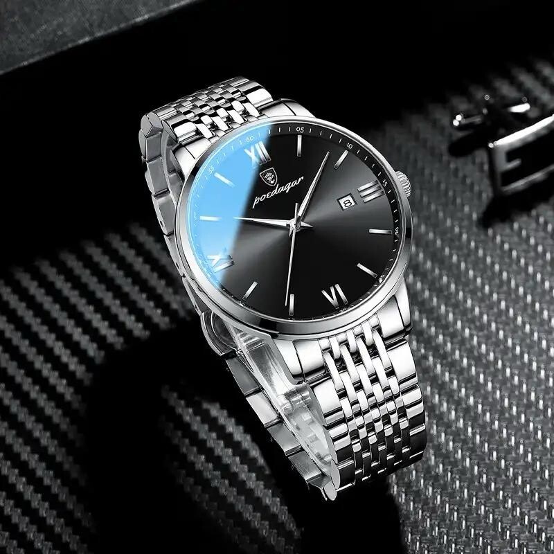 POEDAGAR top brand watch men stainless steel business date clock waterproof