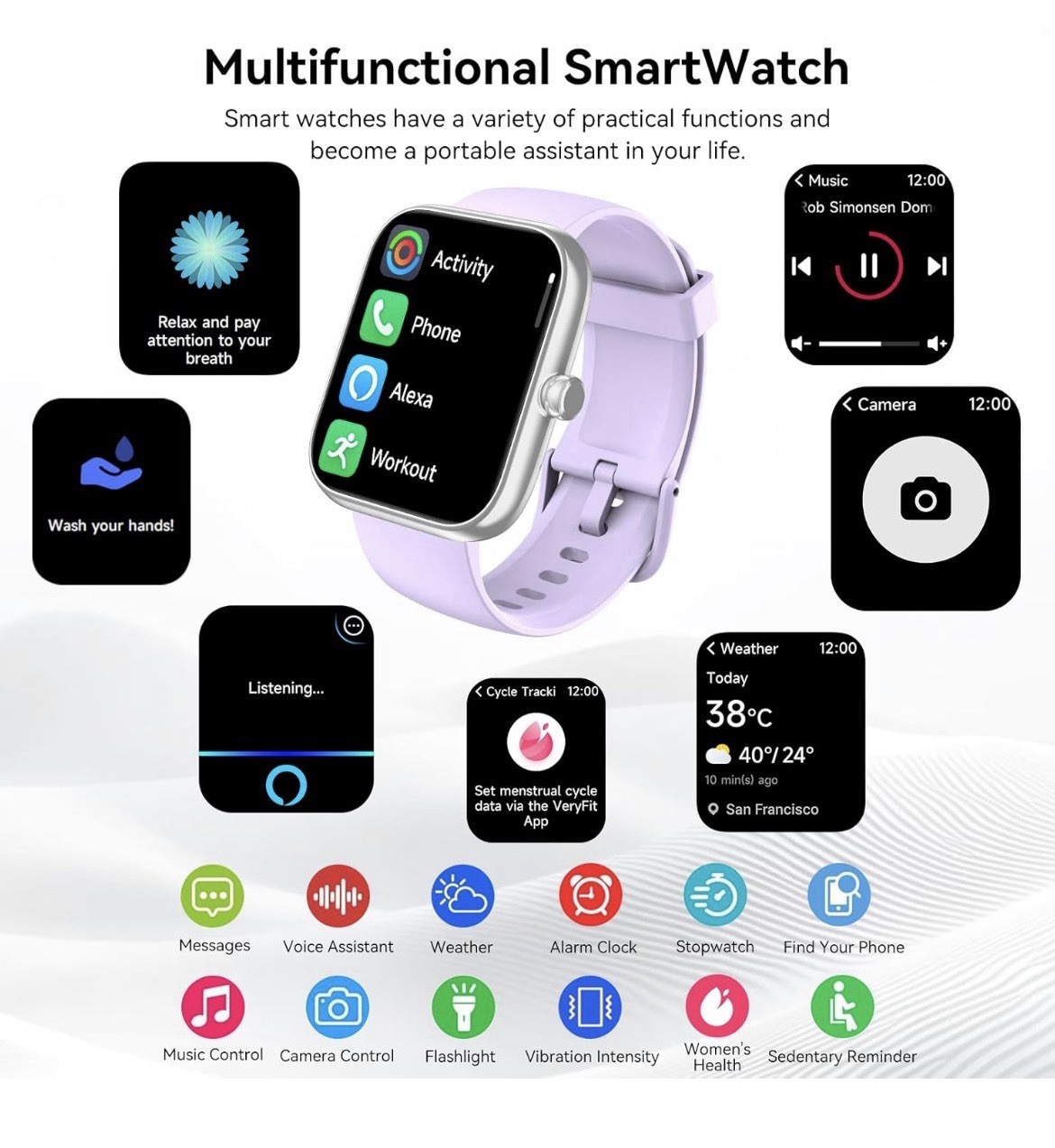 SENBONO Smart Watch Alexa BT Calls 1.83″ HD 120 Sport Modes Health Track PURPLE