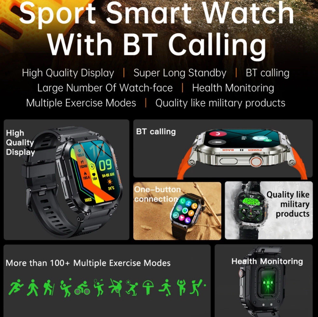 Tactical Smartwatch Fitness Tracker Call Text for Sony Xperia 1 IV Waterproof