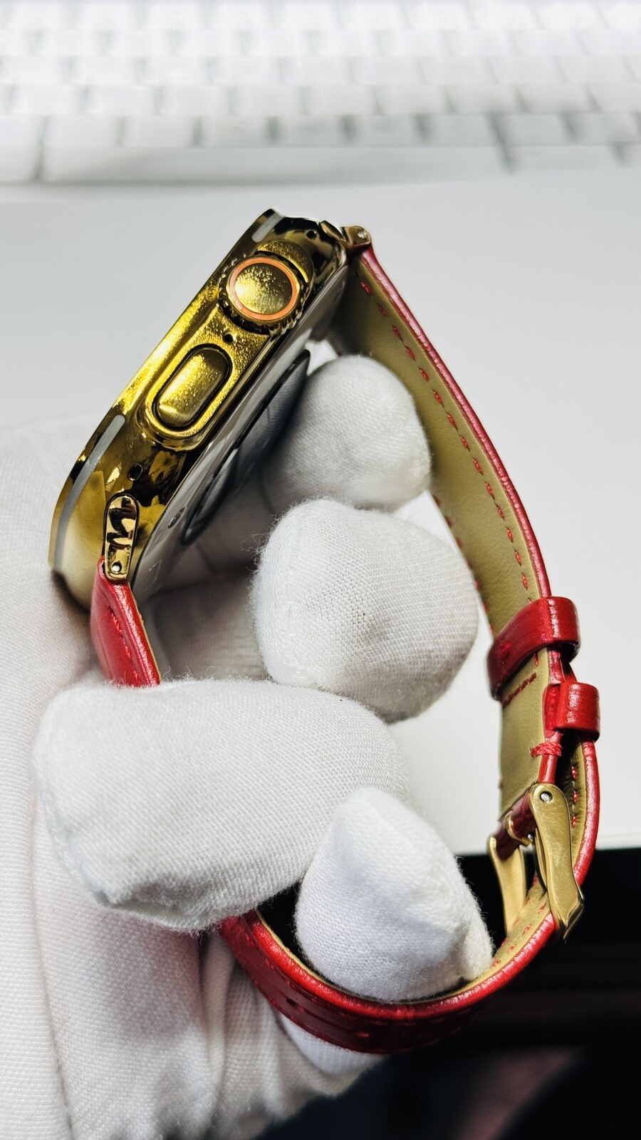 Custom Apple Watch ULTRA 3 49 Polished Anodized GOLD Red Band Gold Plated Buckle